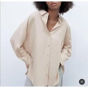 Zara Womens Oversized Button Shirt Minimalist Casual Effortless Everyday XL Tan